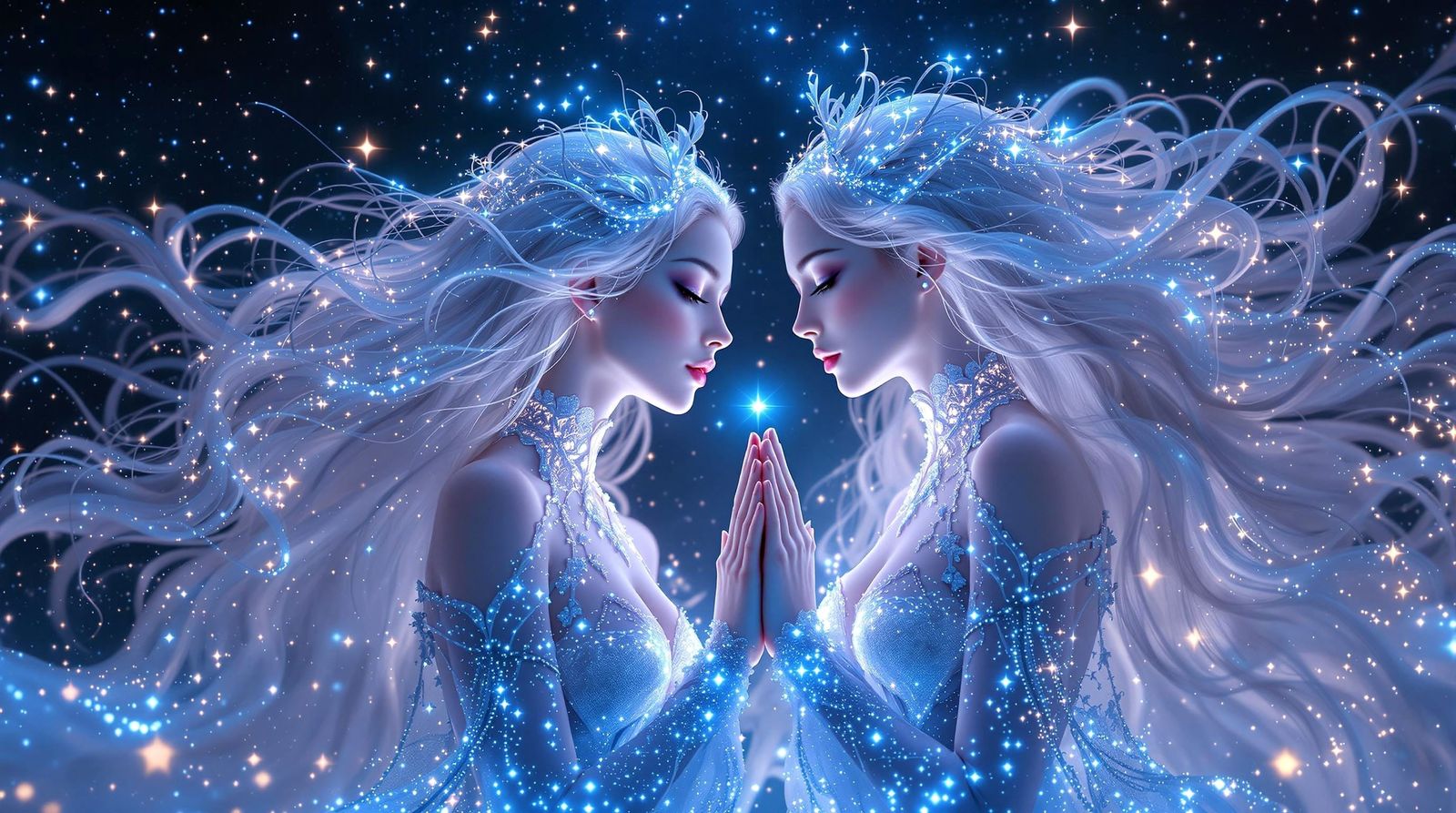 **Gemini:** Twin ethereal women with mirrored appearances, connected by a glowing, ethereal light, standing under a sky ...