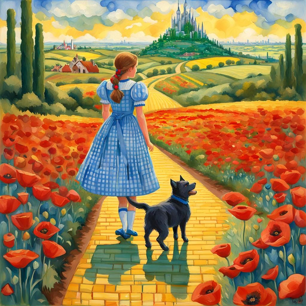 Dorothy In A Blue Gingham Dress And Toto Standing On The Yellow Brick