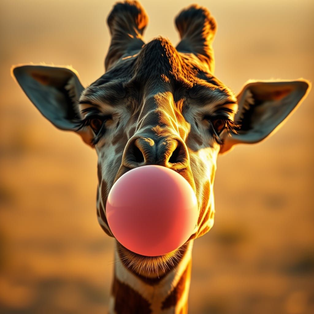 Giraffe with bubblegum,  happy face, perfect rendering, perfect detail   by @Sailenty