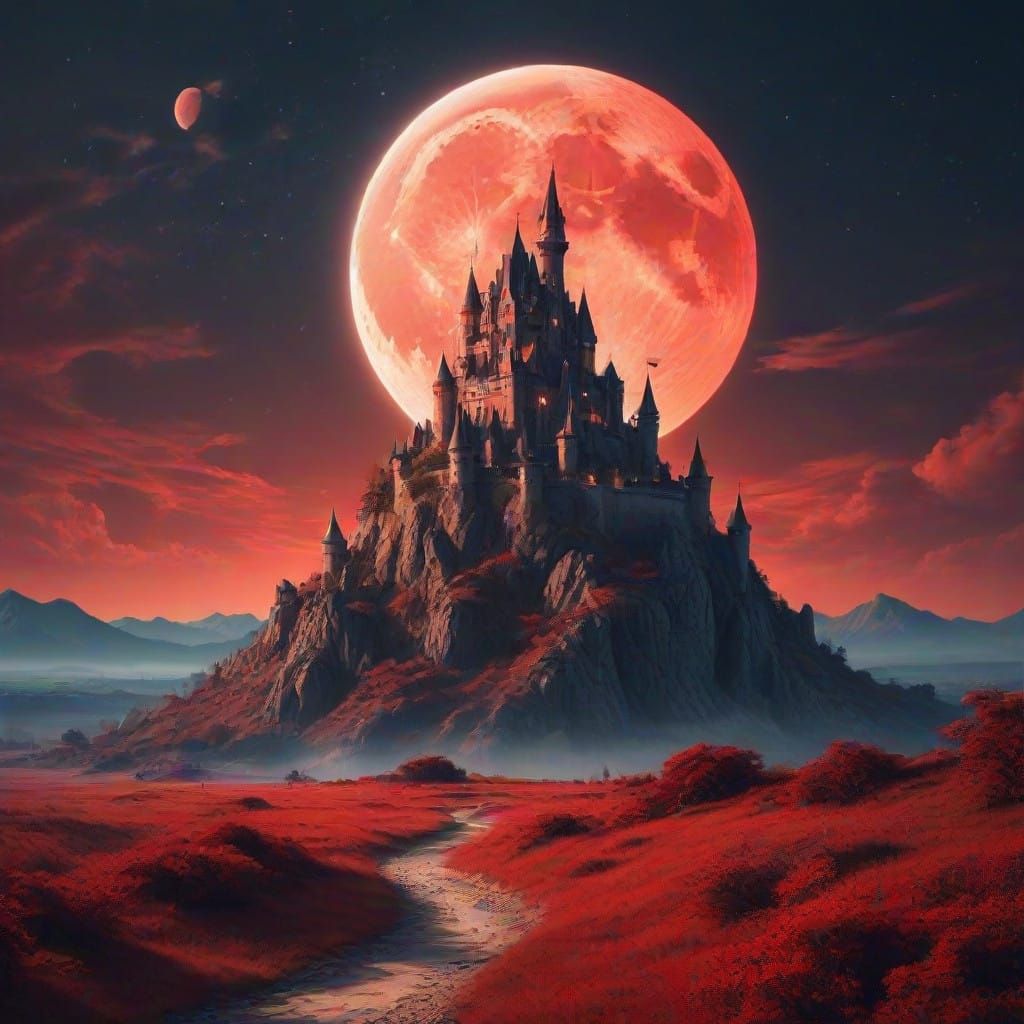 make a castle on other planet, the principal color is red, this planet has a big moon that is behind the castle, beautiful sky