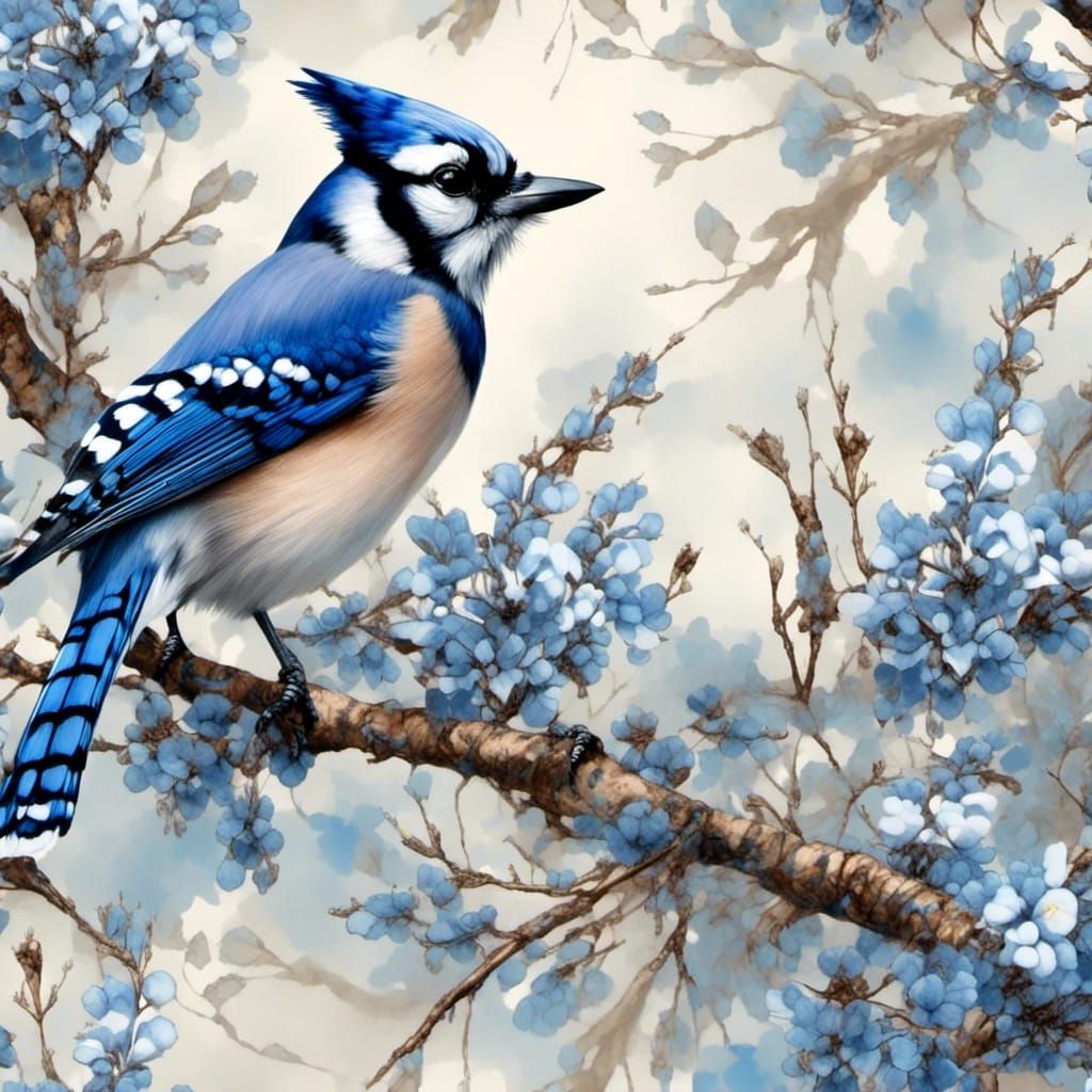  <lora:Artistic mash-up:1.0> A Blue Jay sitting in a tree with blue buds on it  by @Dantonio