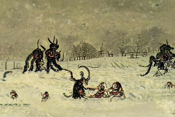 the Krampus eating children in a field of snow