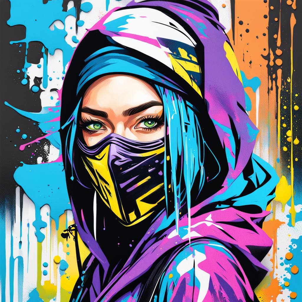 Ninja girl "Iris graffiti art, splash art, street art, spray...