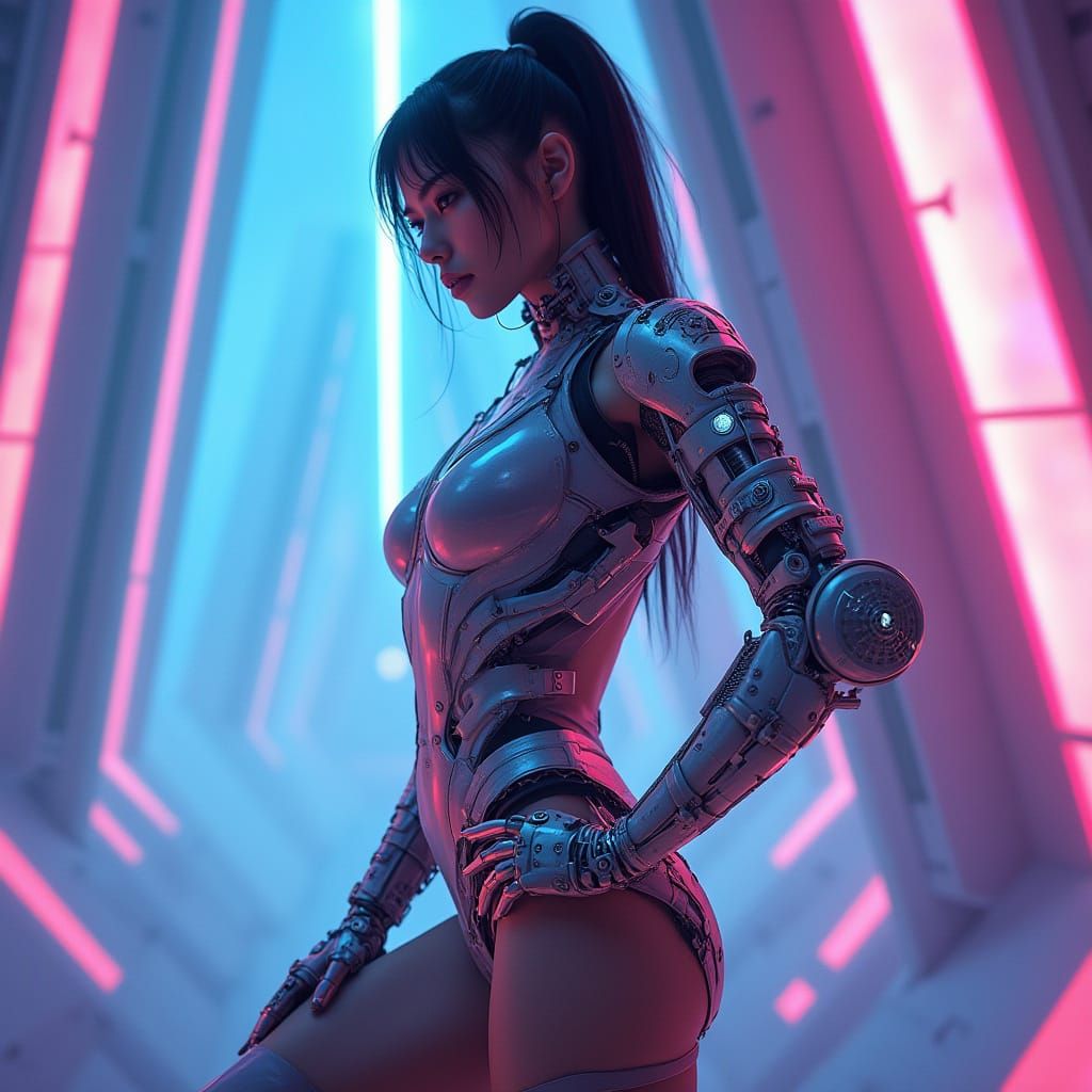 Confident Cyberpunk Fashionista in Neon Geometric Hues