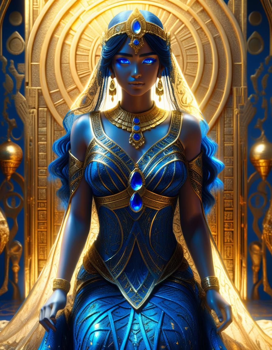 Egyptian goddess beautiful flowing glowing long black hair and beautiful crystal glowing blue eyes with a gorgeous golden lace Egyptian wedd...