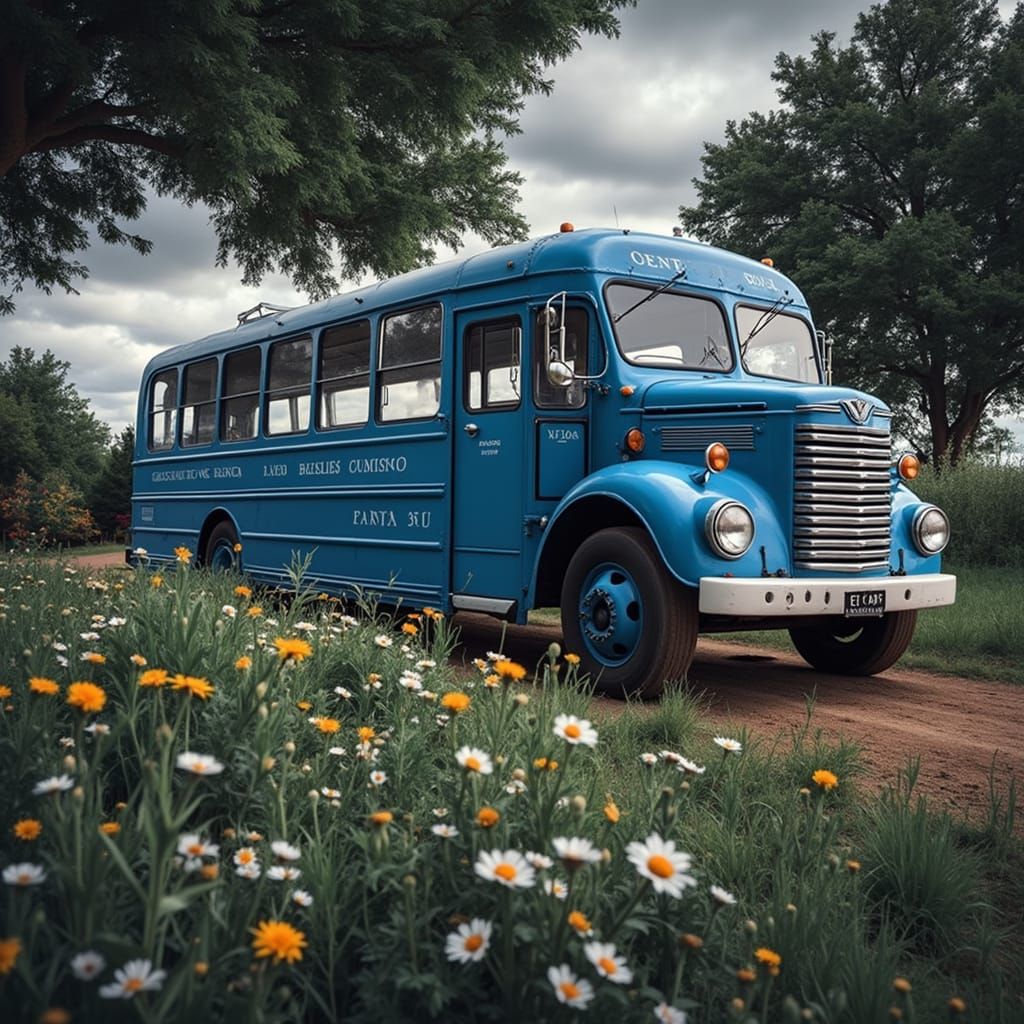 A blue bus on a farm with trees and flowers. intricate details, HDR, beautifully shot, hyperrealistic, sharp focus, 64 megapixels, perfect c...