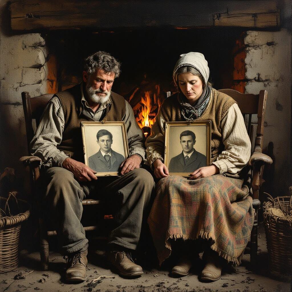 create a 19th century painting of the interior of a poor famers house, in the paining you see two poor people in their 40s, it is a man and ...