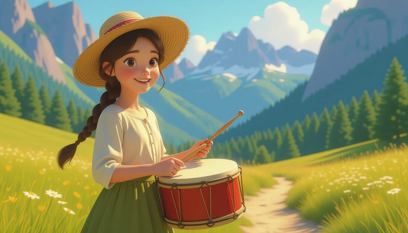 Animated Girl Plays Bucket Drum, Pixar Style