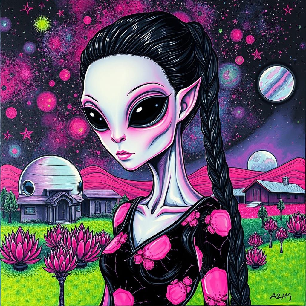 Impasto Alien Goddess in a Vibrant Galaxy