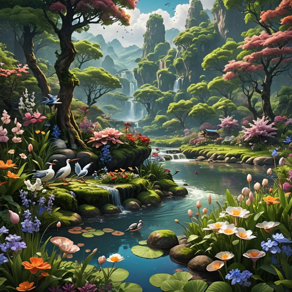 I want to create a landscape picture that is clam with river...