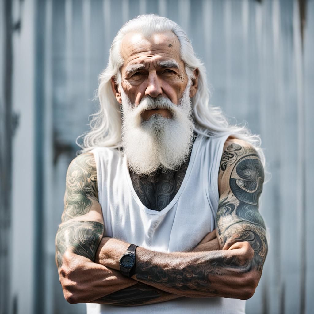 A heavily tattooed older man