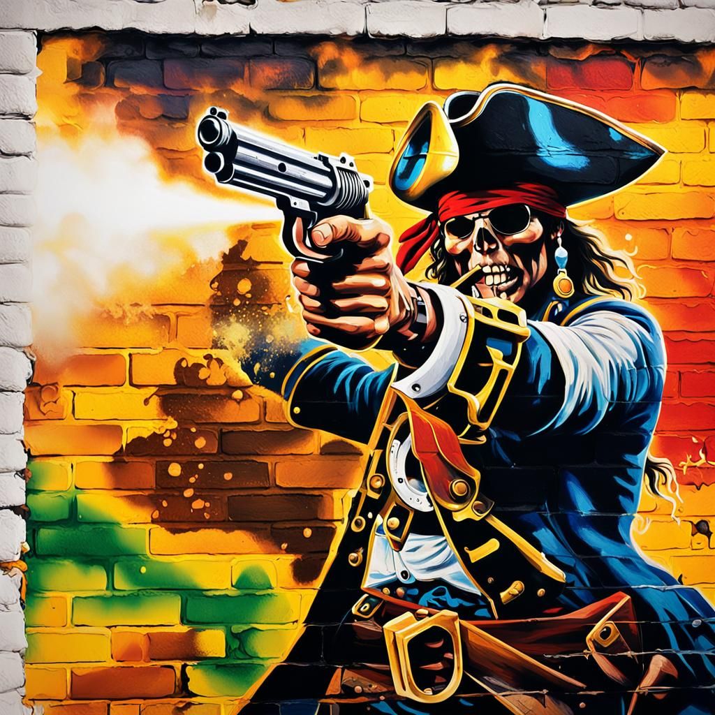 A white brick wall, with graffiti art of a pirate shooting with an old fashioned pistol