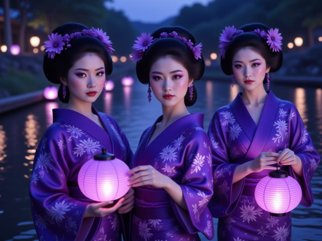 Trio Geisha with Violet Lantern River Dance
"A photorealistic trio of geisha with bold violet eyes and matching violet kimonos, high resolut...