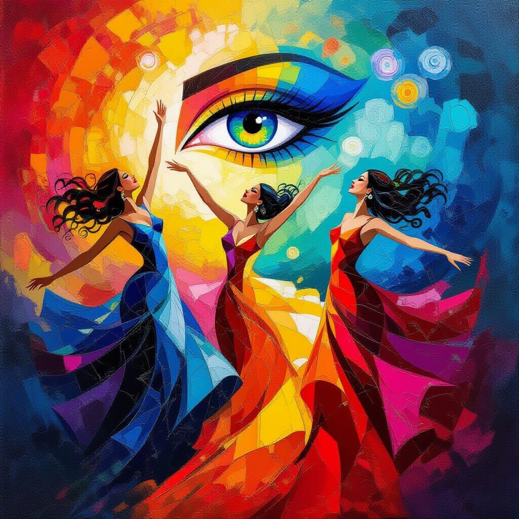 Abstract Dance of Women in Jewel Tones with Piercing Eye