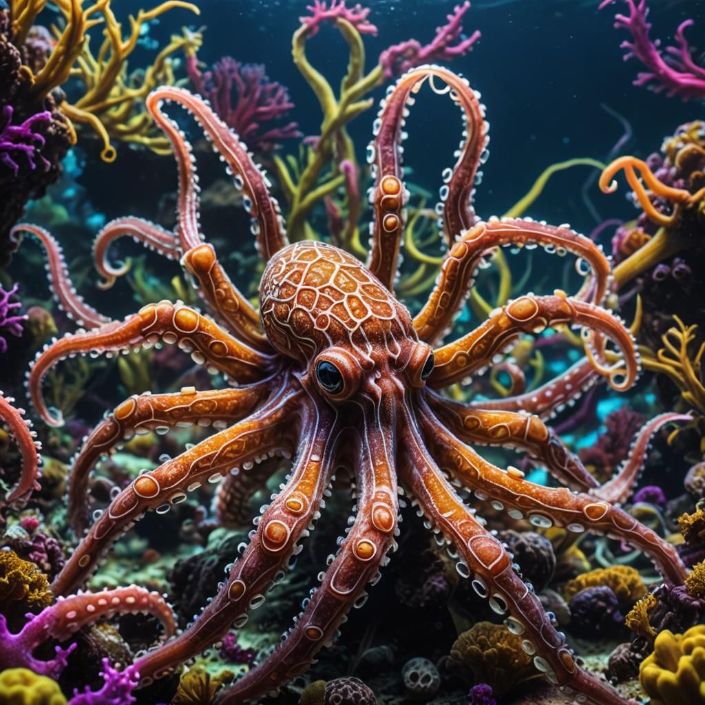spider octopus underwater scene vivid colour neon tone