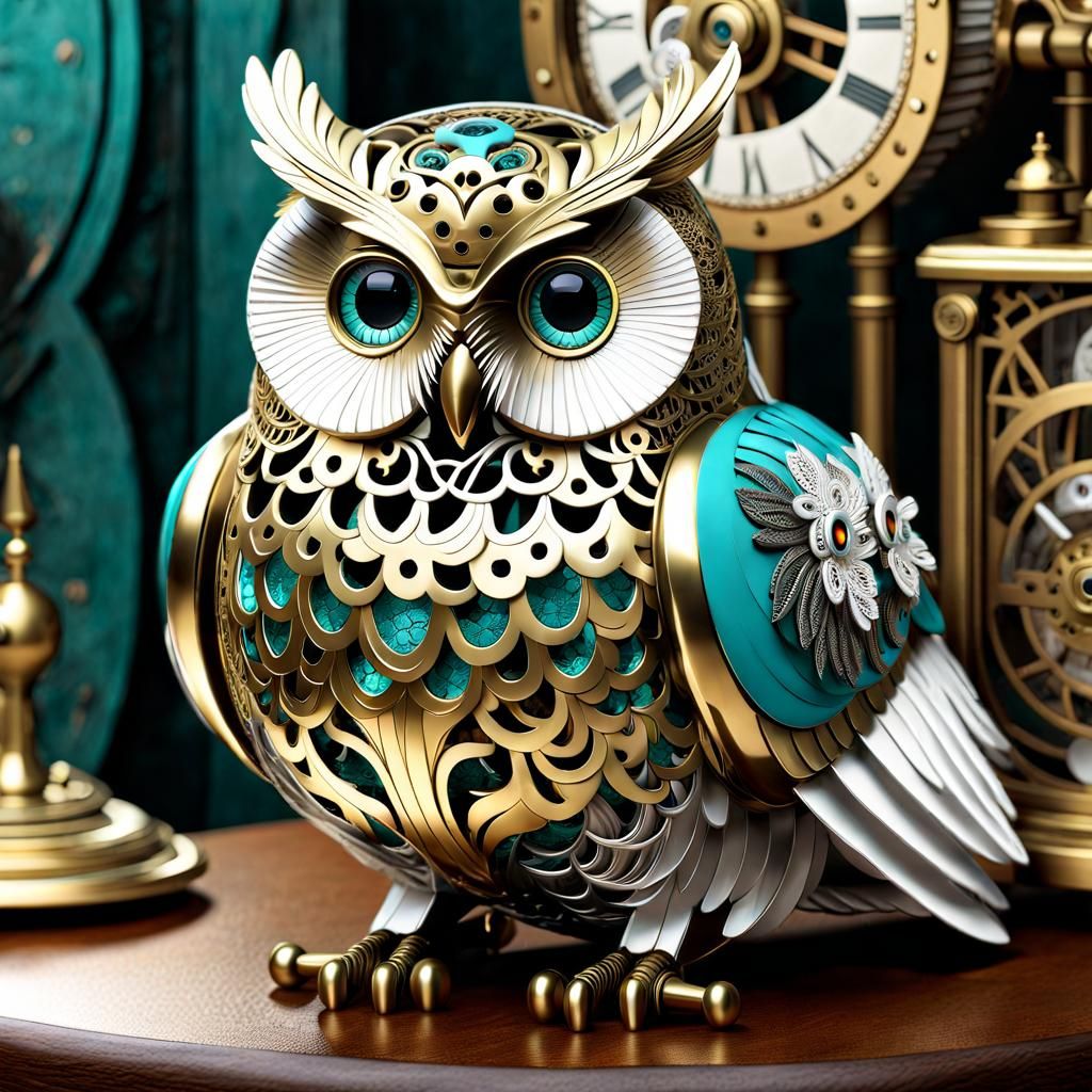 Clockwork Snowy Owl in Steampunk Shop, Digital Art