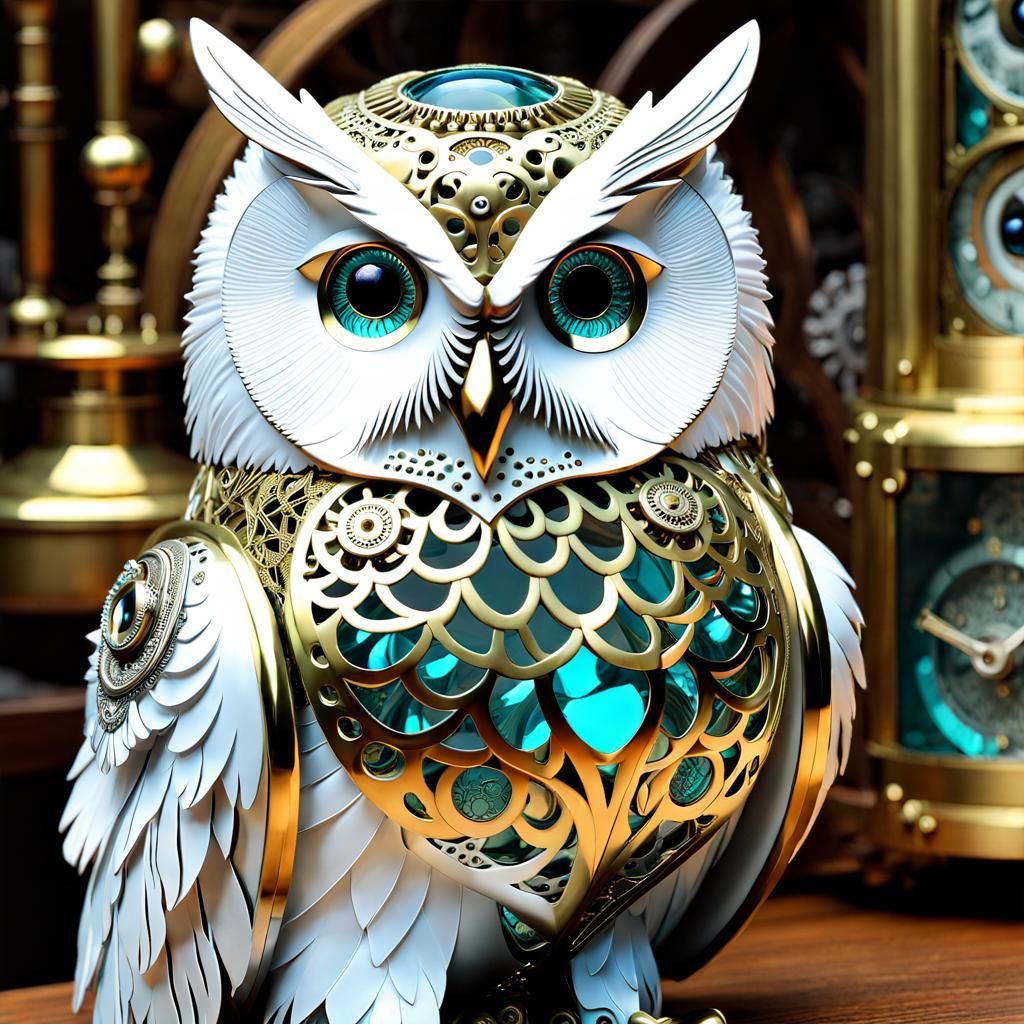 Clockwork Snowy Owl in Steampunk Shop