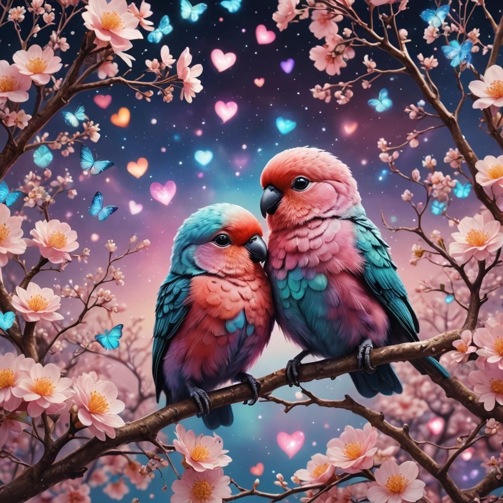 a pair of Adorable, photorealistic, hyperreal cute, tiny, kawaii lovebirds together
  by @Dorian