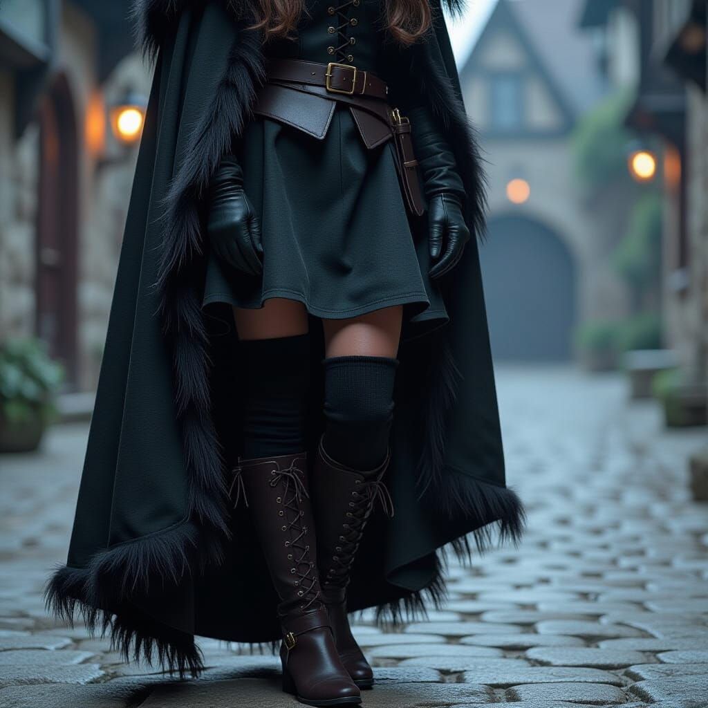 Woman wearing dark medieval clothes, just above knee length skirt with long woollen over knee stockings, ankle boots, tunic and a fur lined ...