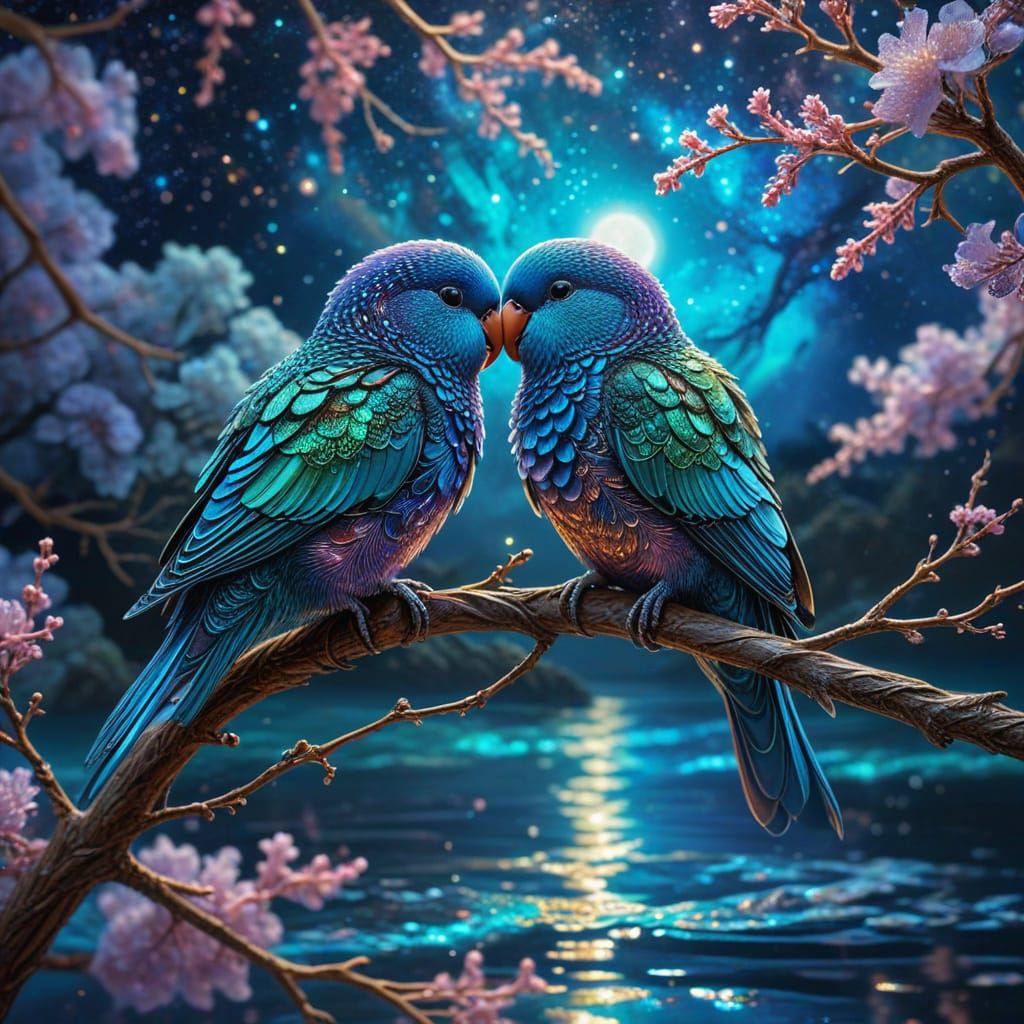 Lovebirds Share a Moment in Surreal Celestial Dreamscape