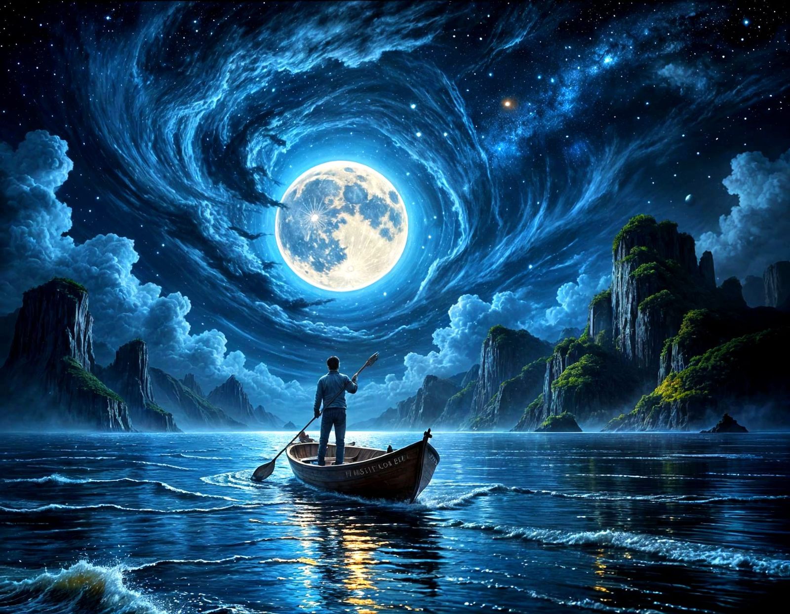 A person stands on a boat, gazing at a large moon amidst a starry night sky reflecting on a turbulent ...  by @My Destiny