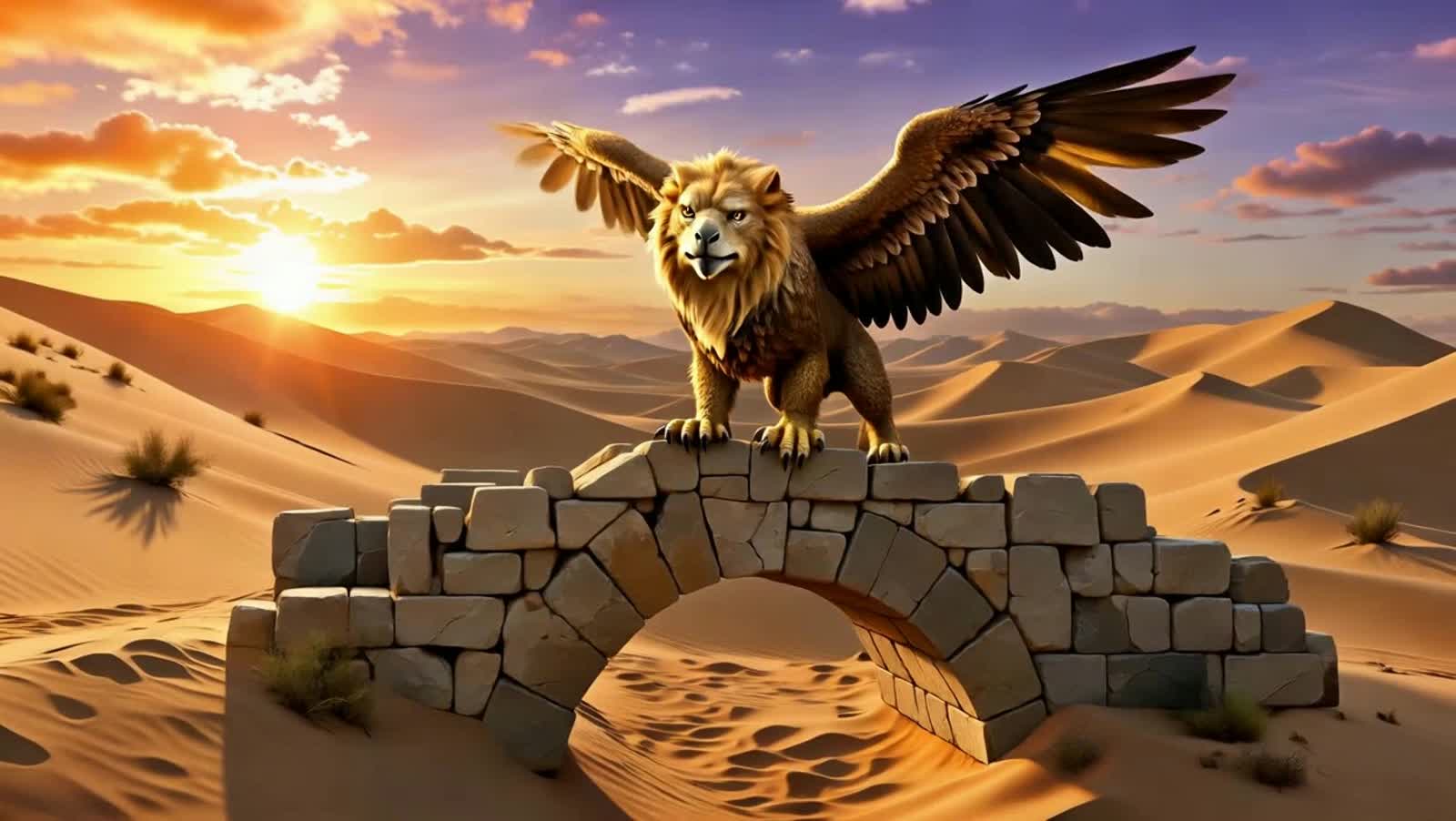 A majestic griffin with feathers like burnished gold, perched atop an ancient, crumbling aqueduct overlooking a vast des...