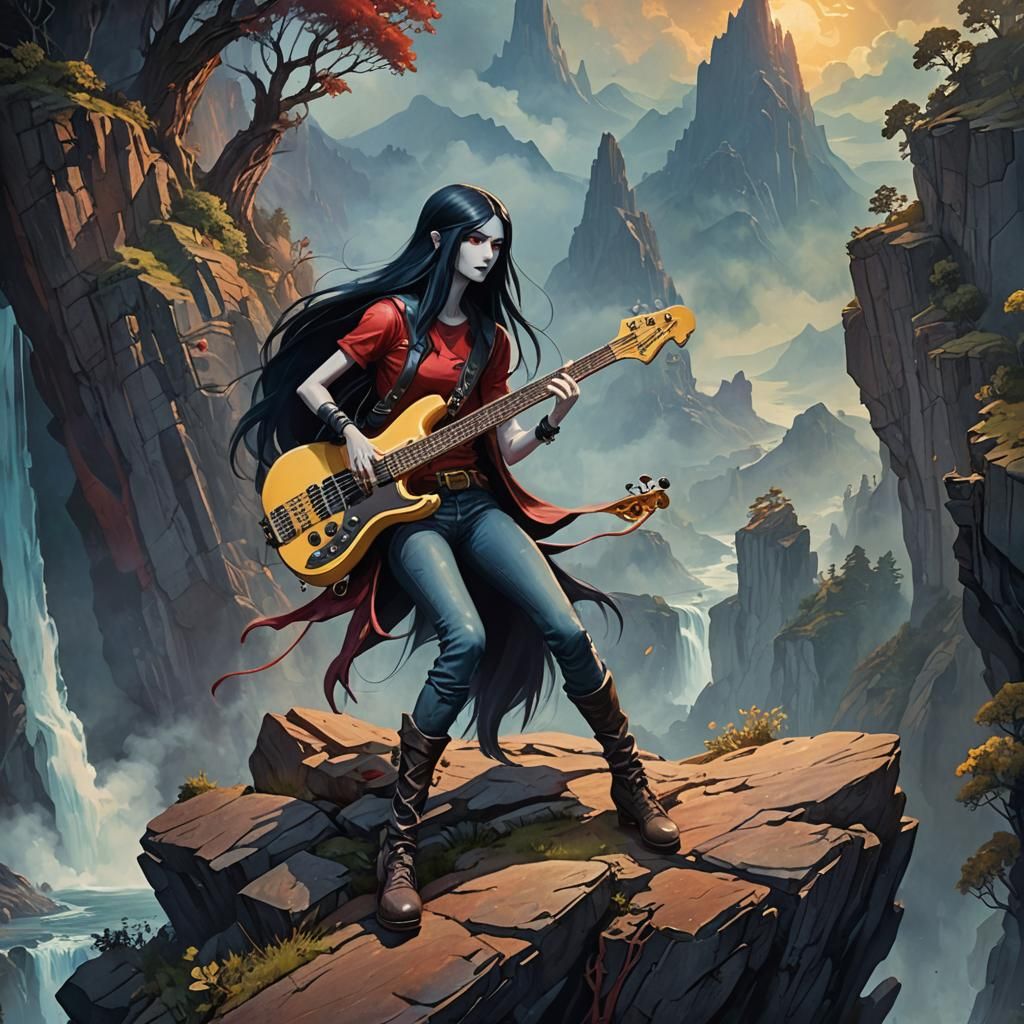 watercolour painting of Marceline the vampire queen, playing...