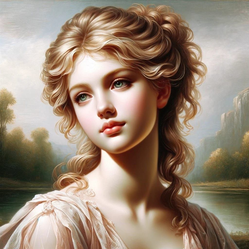 an oil painting of Seraphina, an immortal goddess, with the youthful beauty and grace of the romantic era, in a style ev...