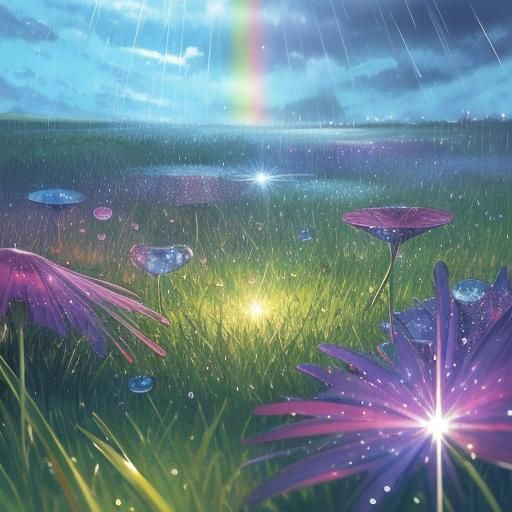Raindrops sparkle on the grass after a storm. The sky is blu...
