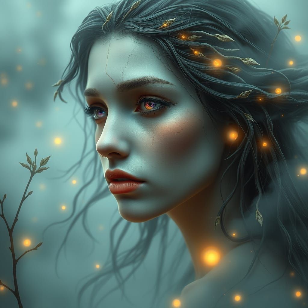 Ethereal Forest Being Emerging from Mystical Mist