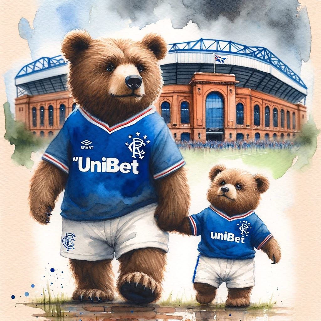 Game Day: Glassgow Rangers Broxi bear mascot and son