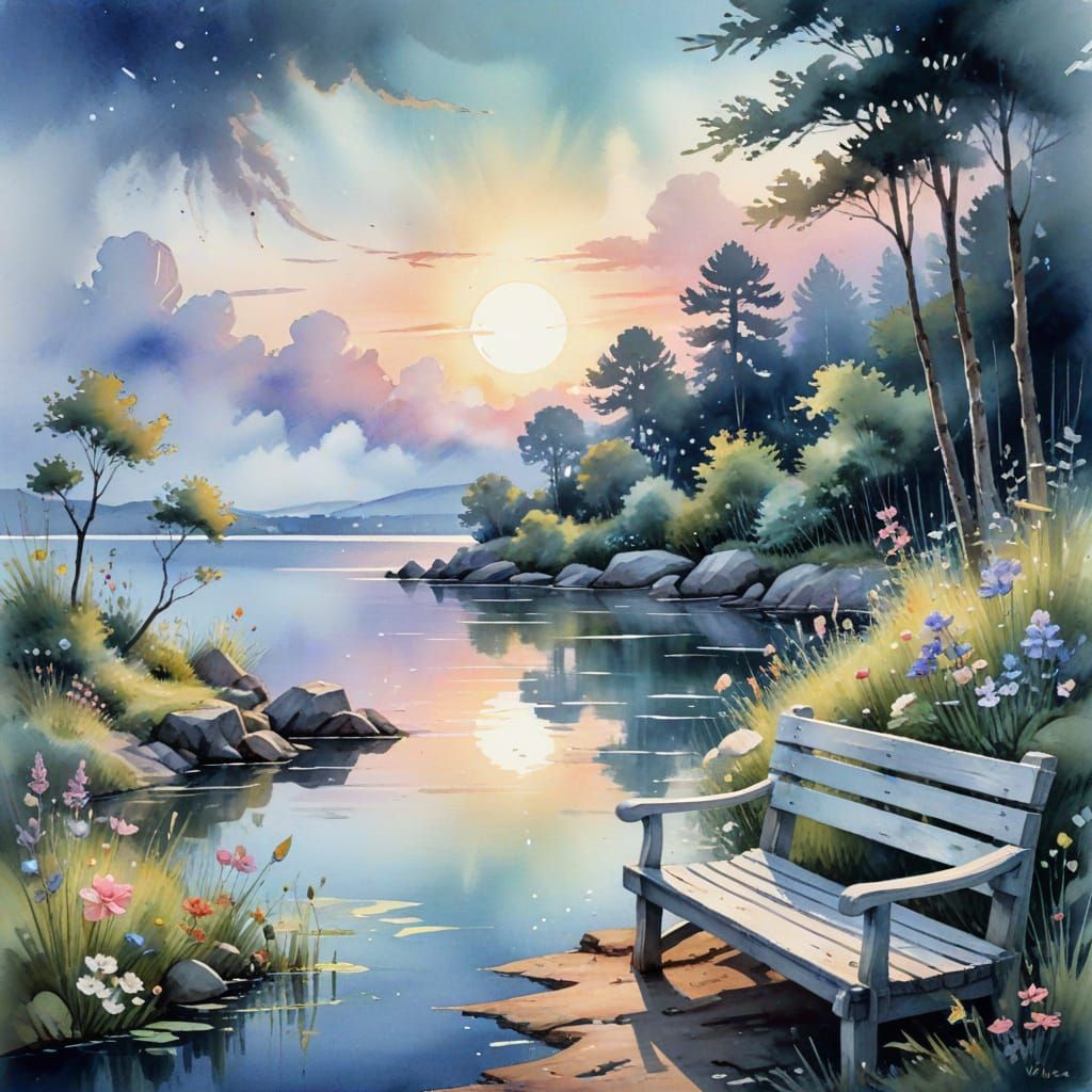 Moonlit Lakeshore: Dreamy Waterside Bench in Watercolor Styl...