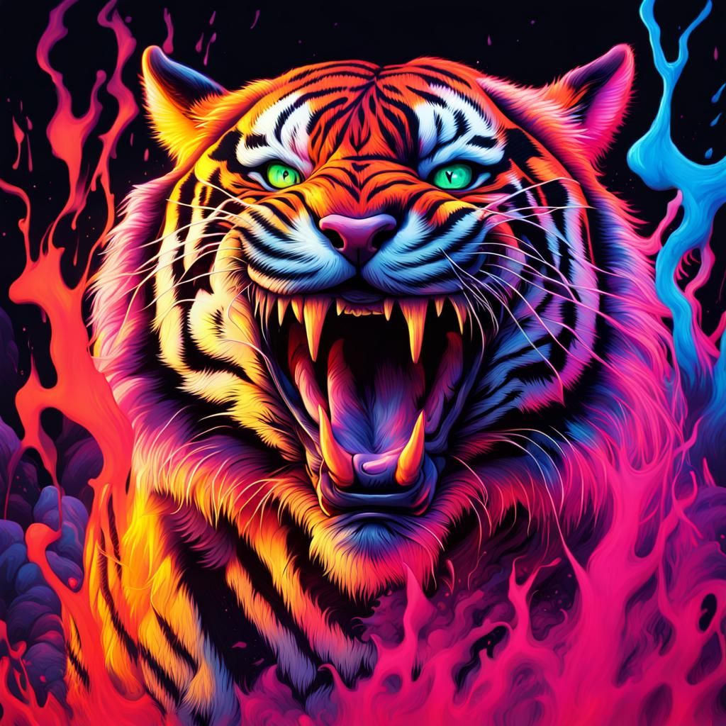 Black light art picture of a snarling tiger in a burning for...