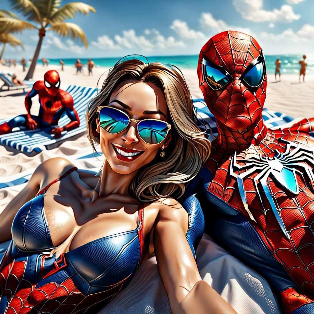 Spiderman with his wife at beach, selfie (Comment which spiderman is behind?)  by @SmitAiArtist