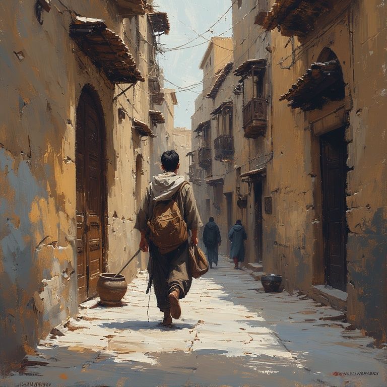 JAPANESE GUY WALKING IN AN ANCIENT ARABIAN CITY.