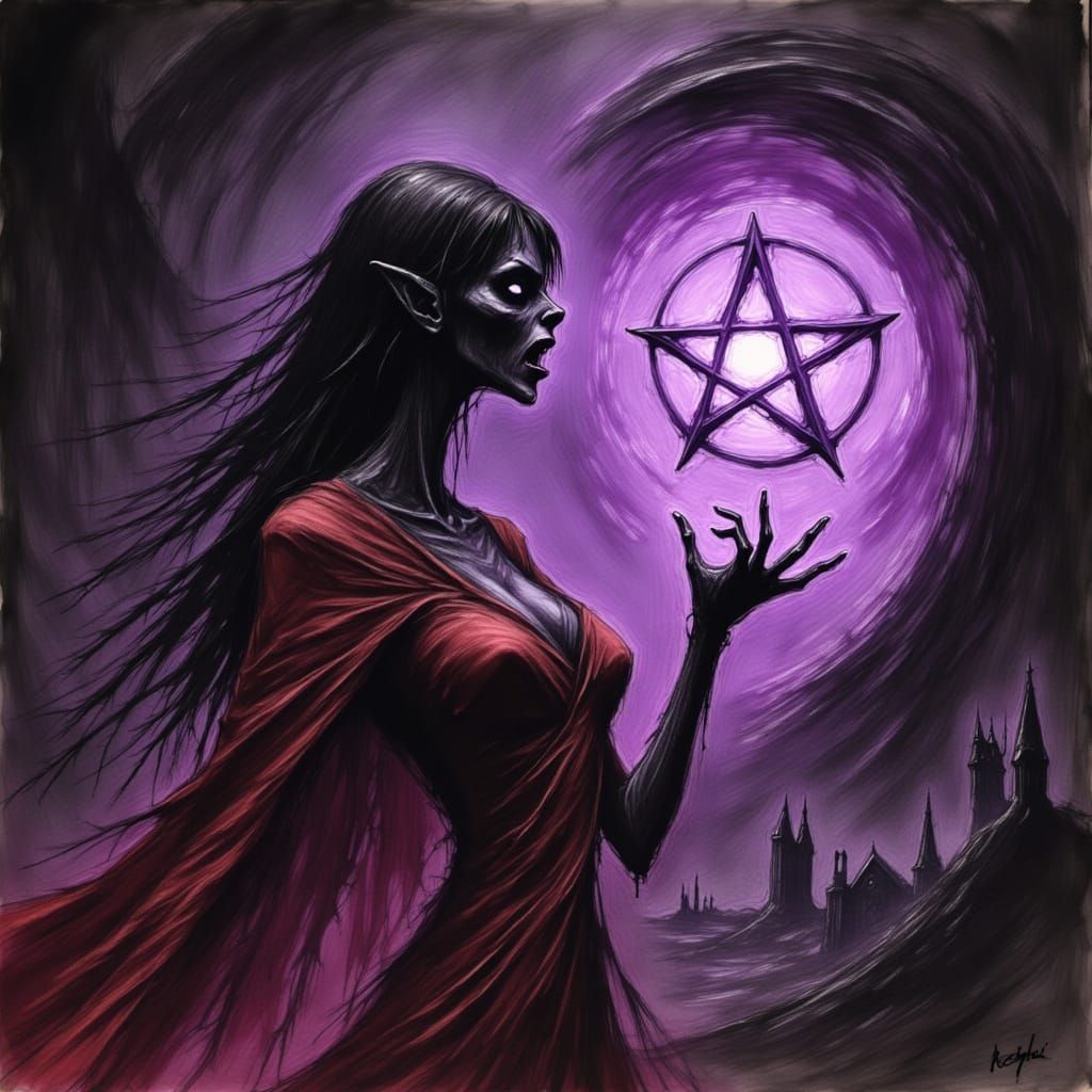 Demonic sorcetess draws a psychic pentagram on the portal of doom <lora:PsychixFlux:1.0>