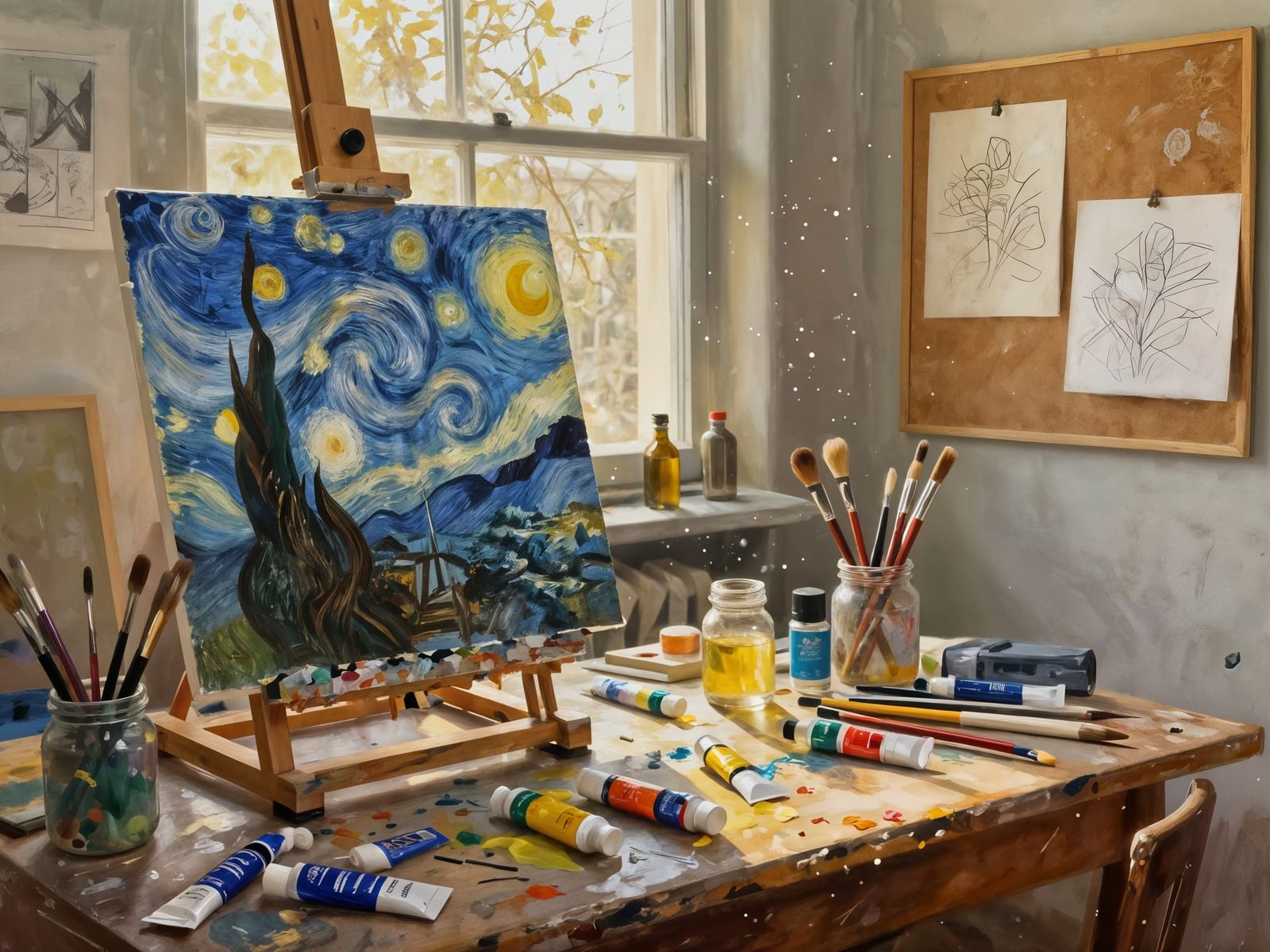 Artist Studio in Golden Hour Light, Impasto Oil Painting Sty...