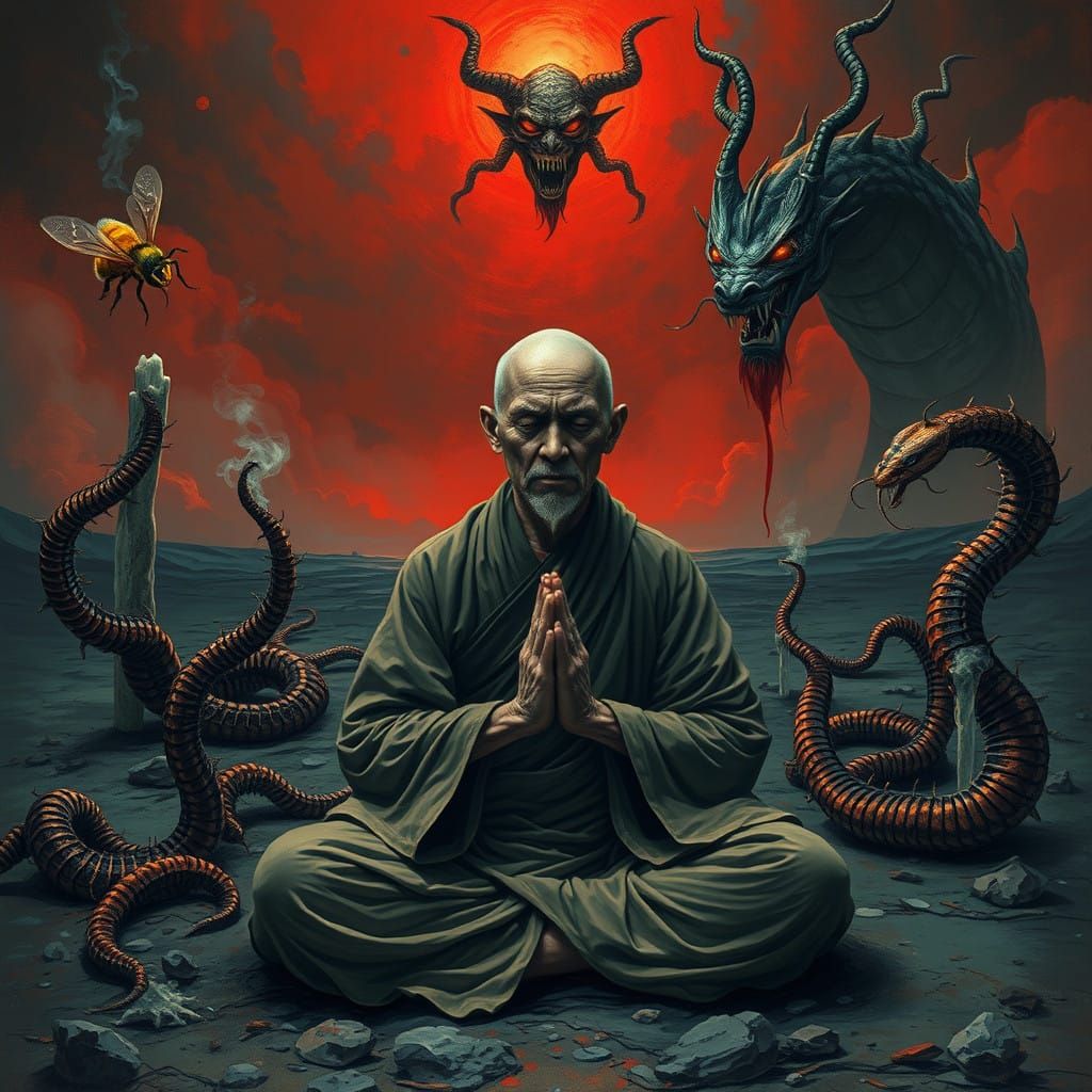 Monk's Descent into Darkness in a Surreal, Dreamlike Landsca...