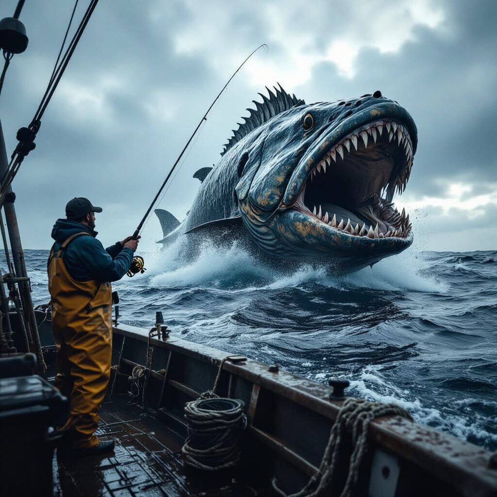 A high resolution image of a fisherman fishing into the ocean on a large fishing boat with a Dunkleosteus on his hook