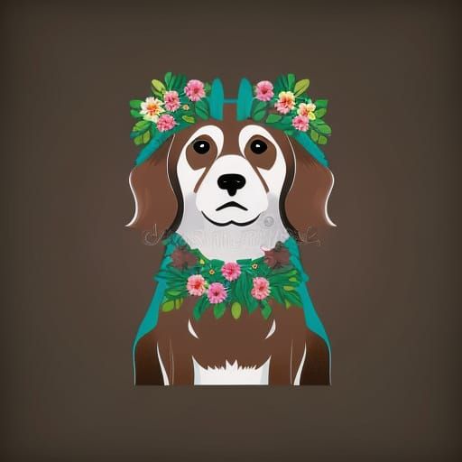 Cute cartoon beautiful brown dog face with flowers, vintage ...