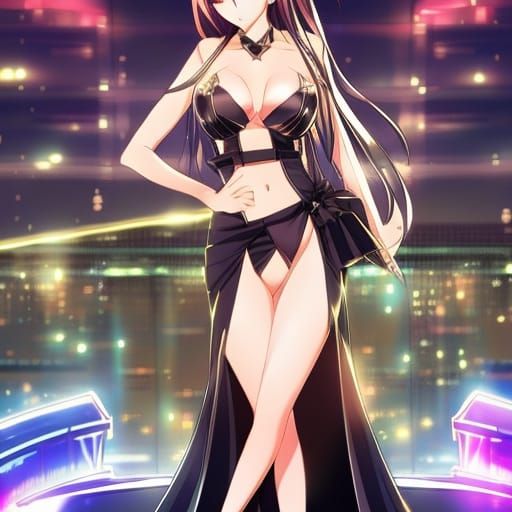 Anime Style Nightclub Scene with Woman in Dress