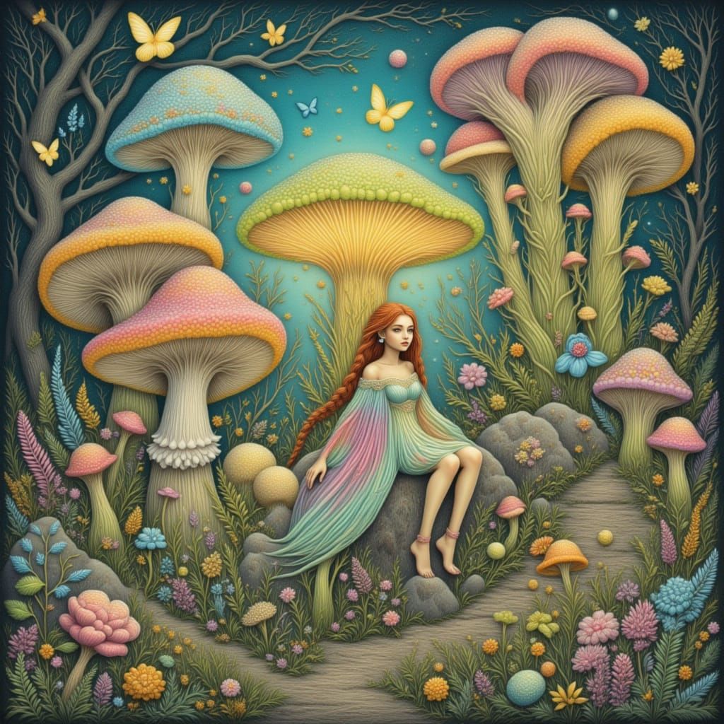 Forest Witch on Bioluminescent Toadstool in Pastel Fantasy S...