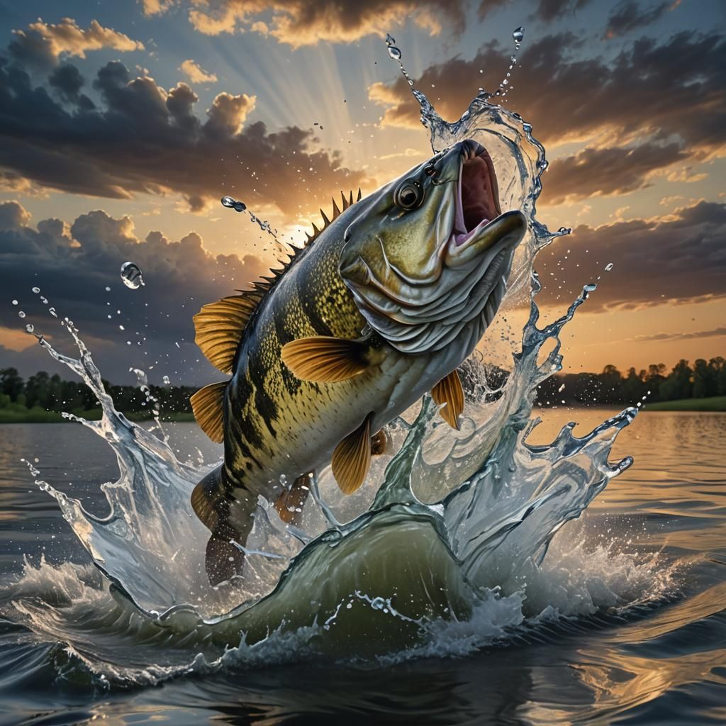 a photorealistic of a Bass fish bursting through a splash of...