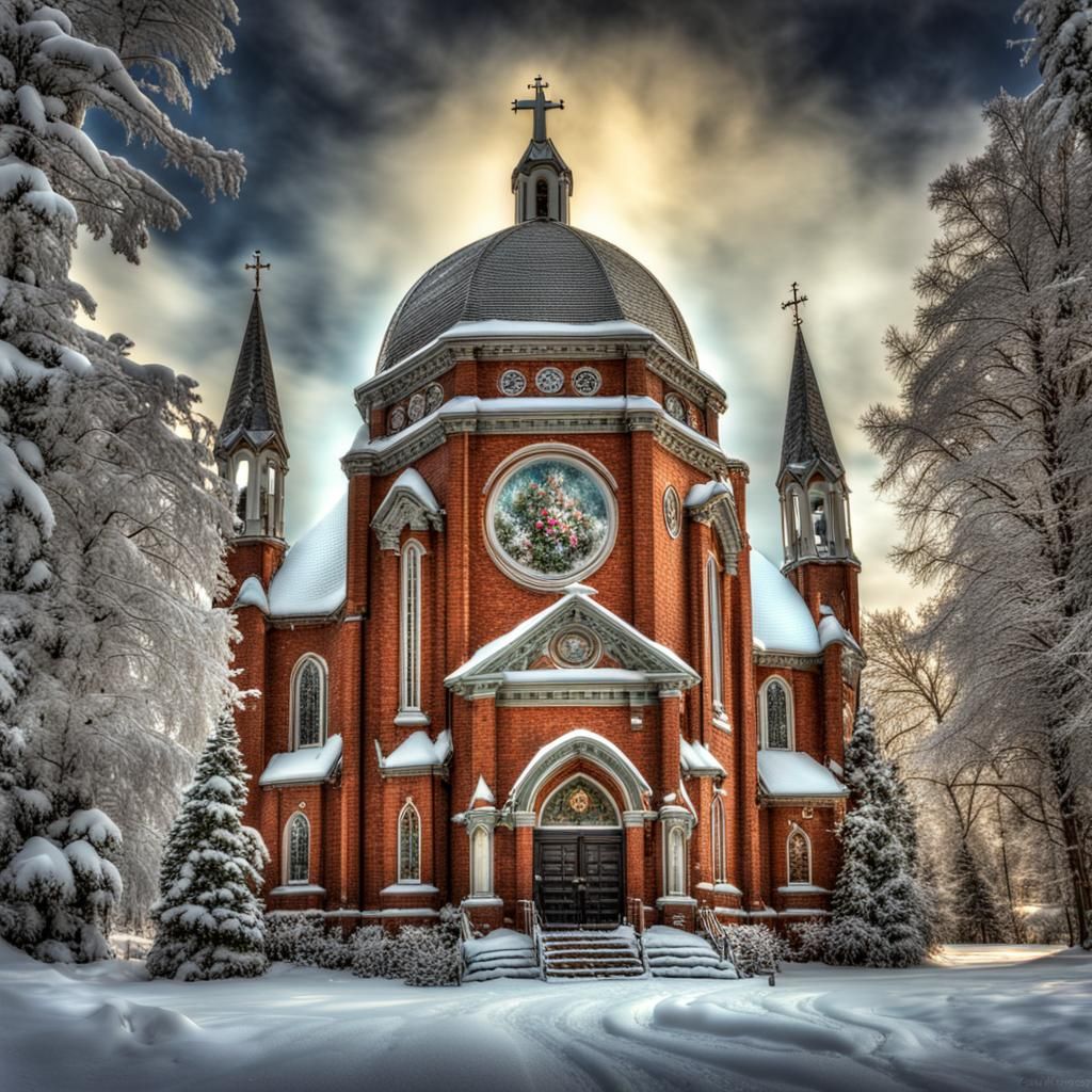 An old fashioned church in a huge snowglobe, intricate detai...