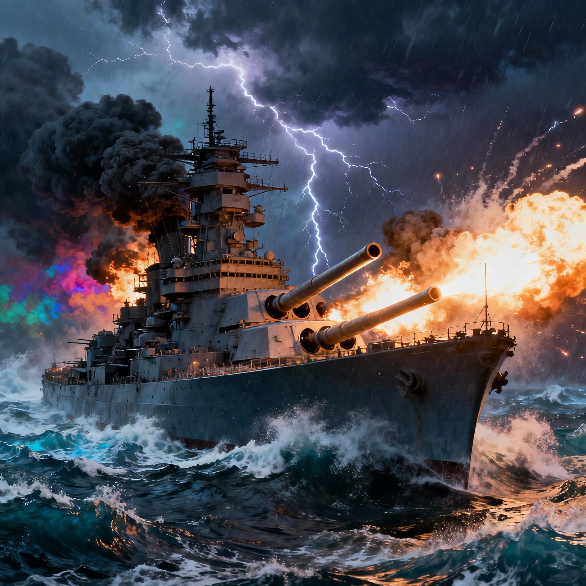 "An enormous battleship battling through a violent stormy sea, towering waves crashing against its armored hull. The sky is dark and raging ...