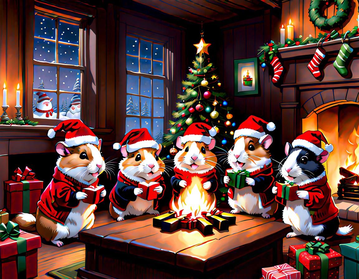 Hamster family at the traditional Christmas caroling