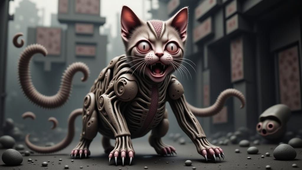a photorealistic partially-formed kitten-cyborg made of screaming human faces with taupe fur and organs-revealed, junji ito style <lora:Kitt...
