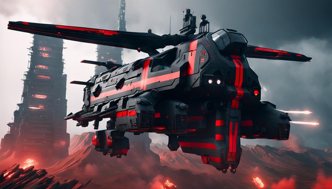 Gunship.Massive.Dystopian.Armed, Sci-fi.Black colors with re...