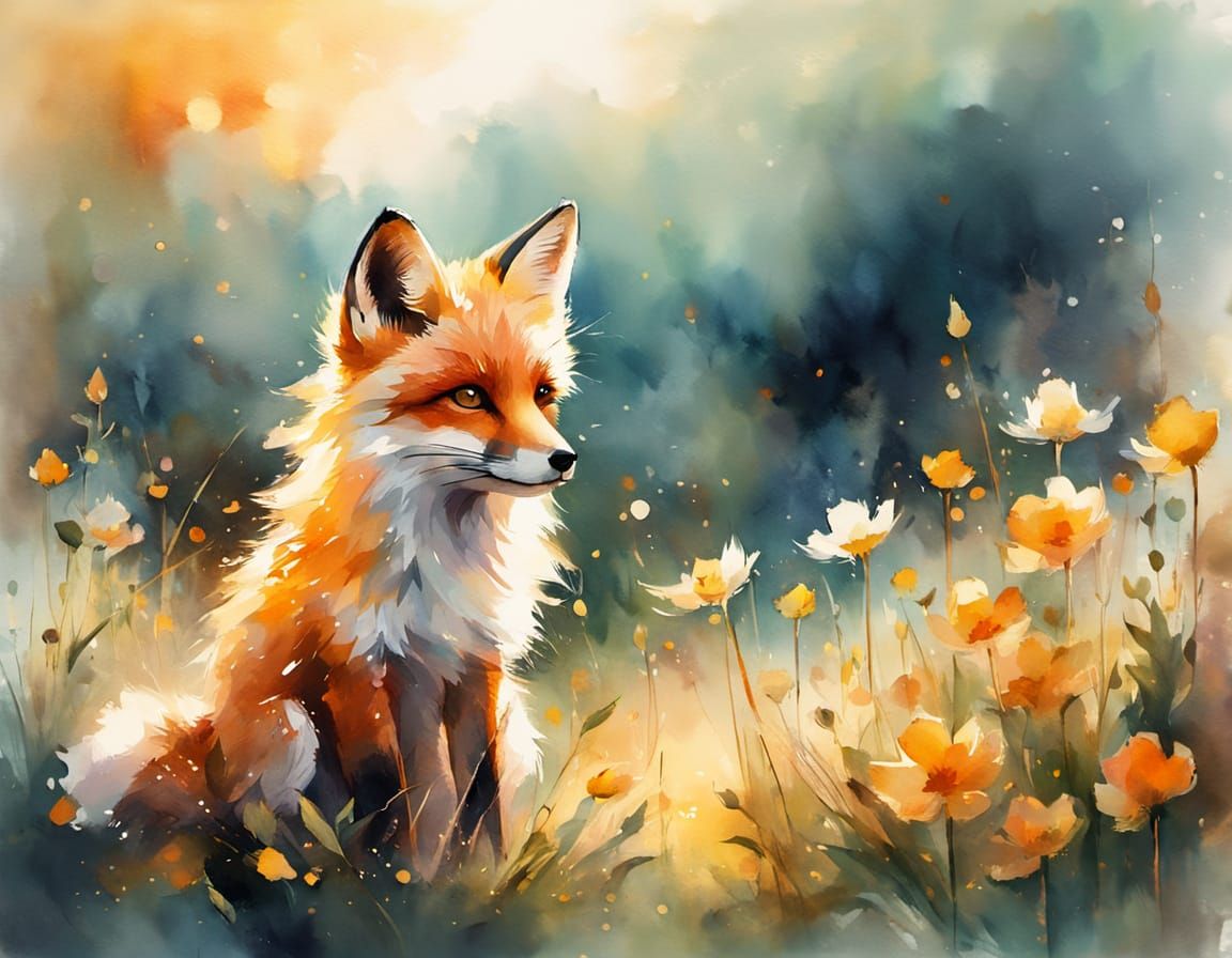 Young fox among wildflowers.
