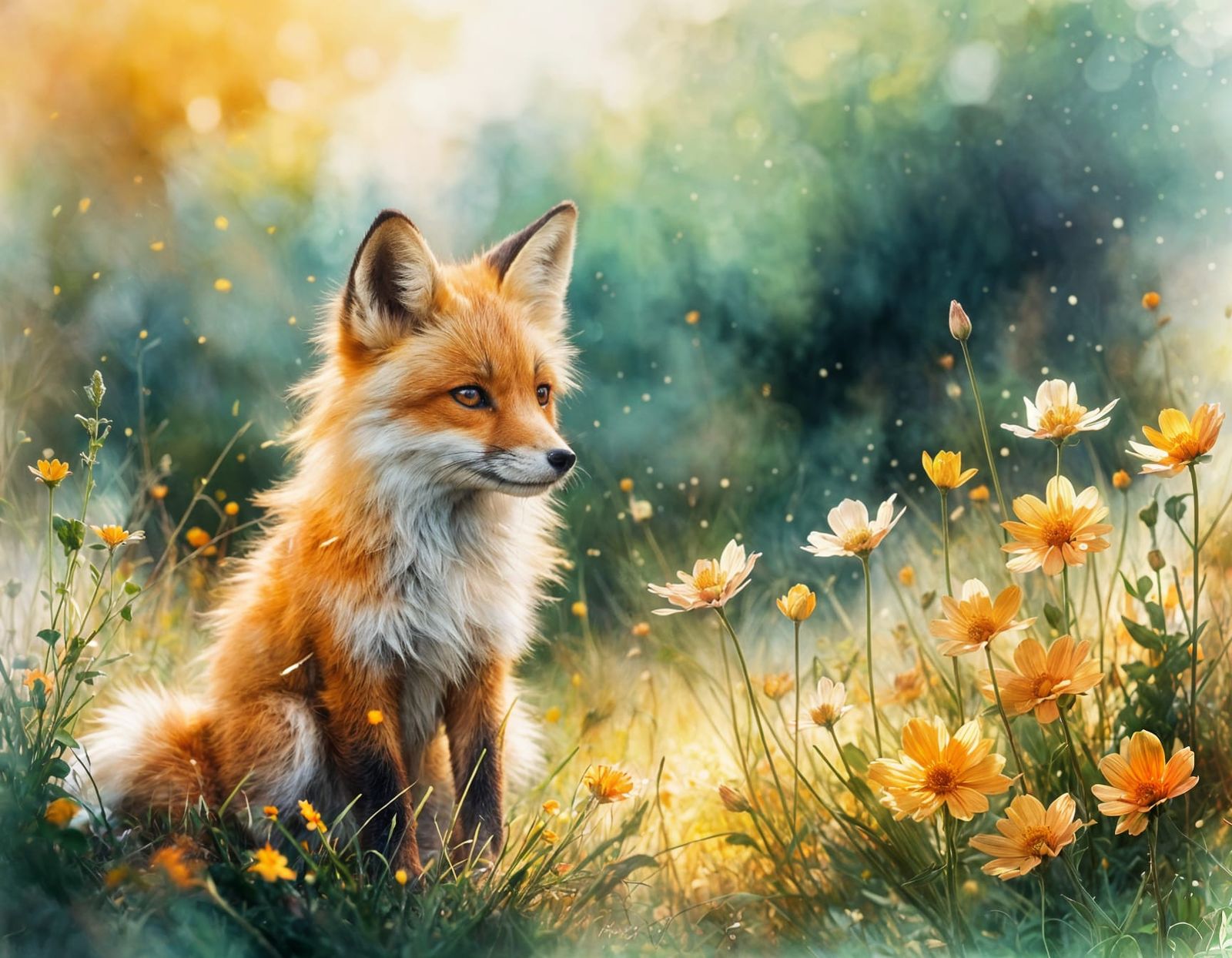 Young fox among wildflowers.  by @Dreamer in Hell